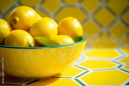 Lemons in a bowl yellow background bright