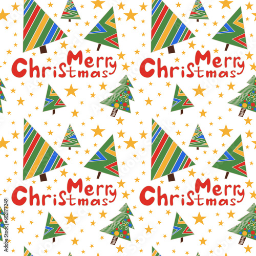 Seamless abstract pattern with christmas tree  stars  Merry Christmas letters. Green  red  yellow  White background. Vector. Design for textile fabrics  wrapping paper  background  wallpaper  cover.