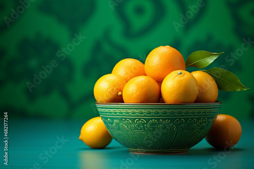 Oranges in a green traditional bowl