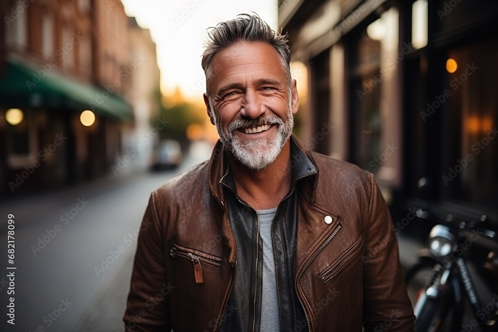 Fototapeta premium Handsome smiling, happy and pleased man with positive vibes. Human person dressed in fashionable, colorful and fun clothes. Generative AI, AI