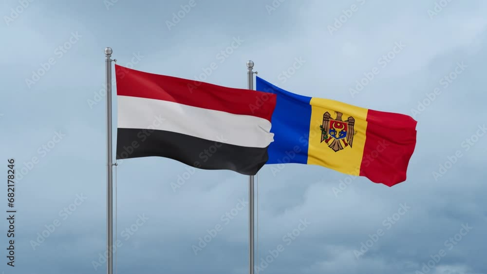 Moldova and Yemen flag waving together on cloudy sky, endless seamless loop, two country cooperation concept Moldova and Yemen flag waving together on cloudy sky, endless seamless loop, two country cooperation concept