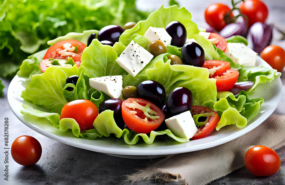 Healthy vegetable salad of fresh tomato, mozzarella, cucumber, onion, lettuce and sesame on plate. Healthy vegetable salad of fresh tomato, mozzarella, cucumber, onion, lettuce and sesame on plate.