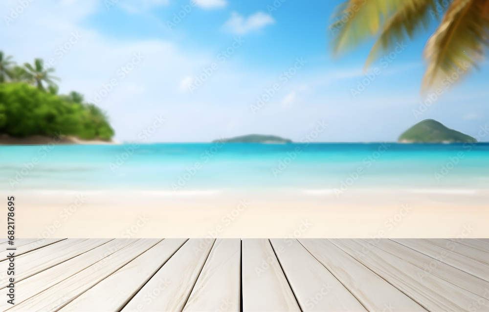 Fototapeta premium Empty wooden table and palm leaves on beach blurred background in summer time