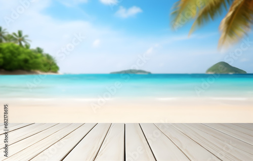 Empty wooden table and palm leaves on beach blurred background in summer time