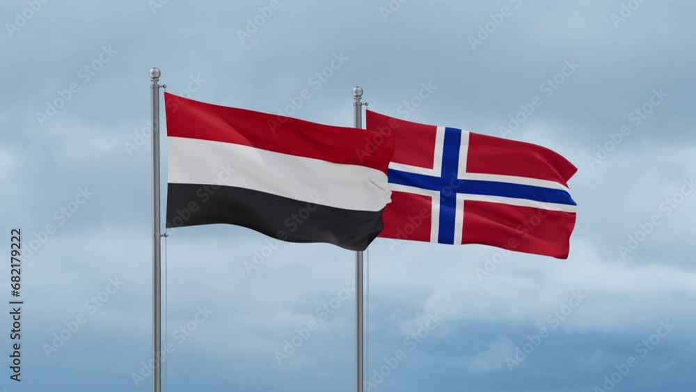 Norway flag and Yemen flag waving together on cloudy sky, endless seamless loop, two country relations concept Norway flag and Yemen flag waving together on cloudy sky, endless seamless loop, two country relations concept