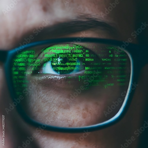 Close-up of Eyes and Glasses with Tech Reflection, Cyber Security Concept