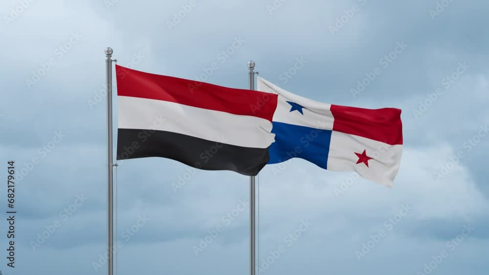 Panama flag and Yemen flag waving together on cloudy sky, endless seamless loop, two country relations concept Panama flag and Yemen flag waving together on cloudy sky, endless seamless loop, two country relations concept