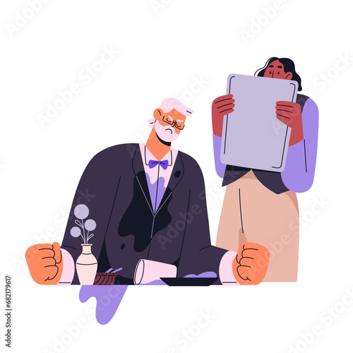 Angry man shed water on himself. Waiter drops tray on visitor. Employee fail, failure in restaurant. Furious and scared people. Bad service flat isolated vector illustration on white background