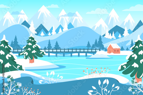 Winter landscape with ice cubes and house on lake on the mountain background.