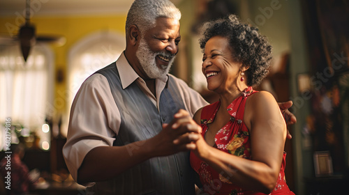 Active healthy elderly people a man and a gray-haired woman dance together at home in a romantic mood, the concept of family happiness in old age.