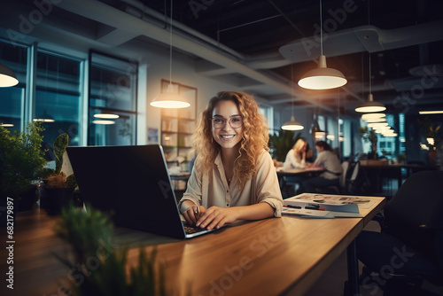 A positive woman with glasses is a freelance copywriter working in an online restaurant workplace using a laptop. photo