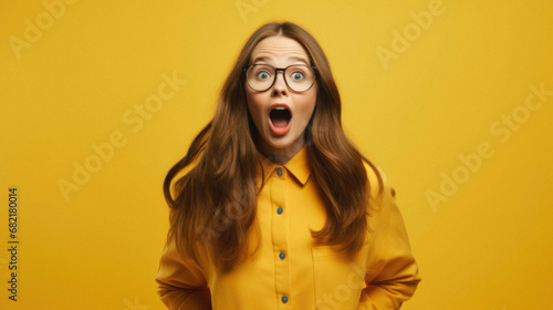 Beautiful middle age senior woman wearing elegant yellow coat and hat over isolated yellow background amazed and surprised looking up and mouth with fingers and raised arms with. photo