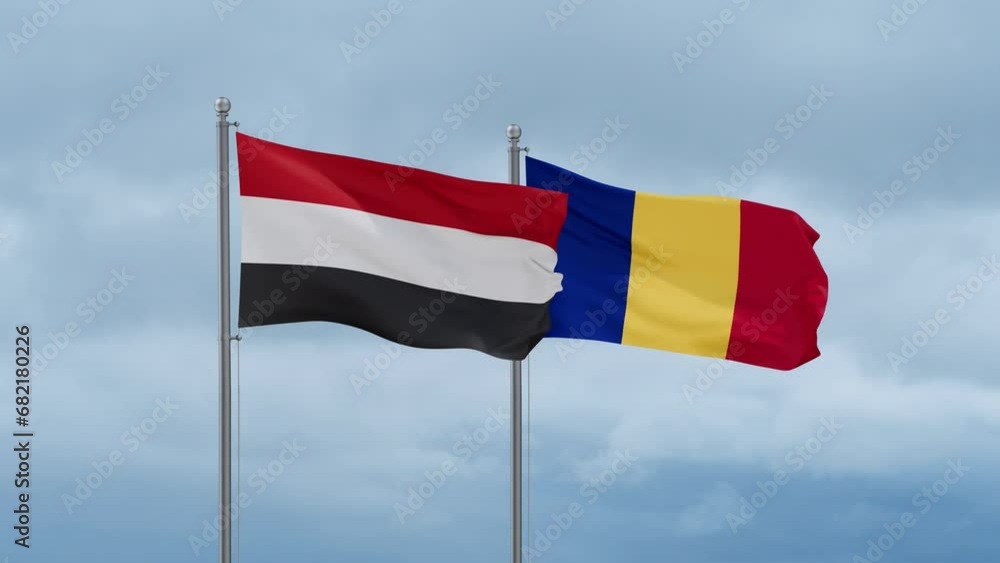 Romania and Yemen flag waving together on cloudy sky, endless seamless loop, two country cooperation concept Romania and Yemen flag waving together on cloudy sky, endless seamless loop, two country cooperation concept