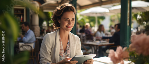 Portrait of beautiful young woman using digital tablet while sitting in cafe photo
