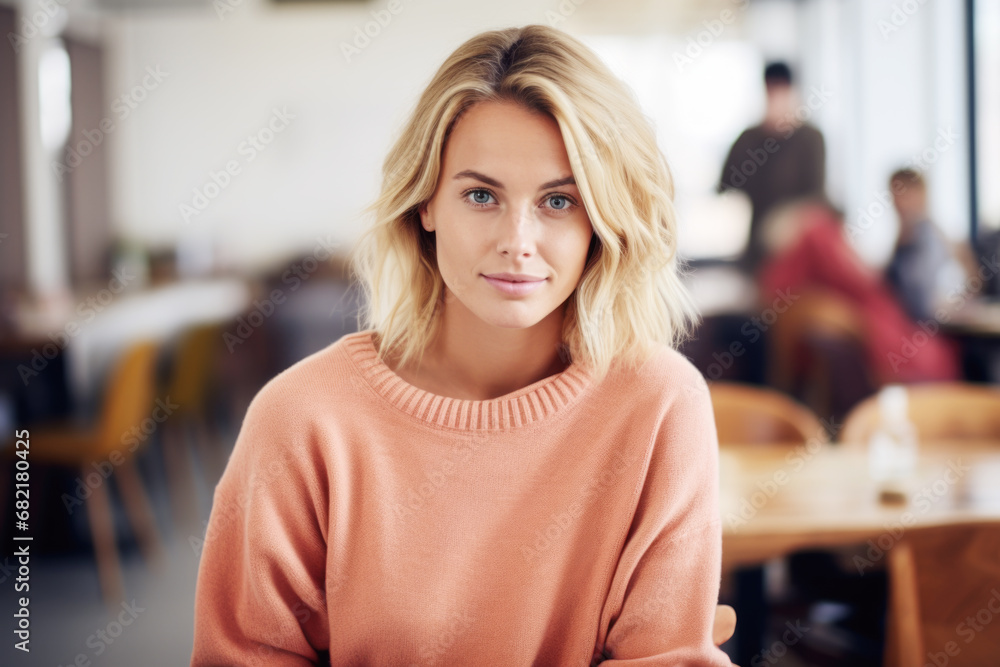 Portrait of beautiful happy woman in pink sweater looking at camera in the office, blurred people in background Portrait of beautiful happy woman in pink sweater looking at camera in the office, blurred people in background
