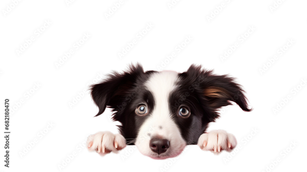 A Curious Black and White Dog Peering Over a Vibrant Pink Surface. PNG File A Curious Black and White Dog Peering Over a Vibrant Pink Surface. PNG File
