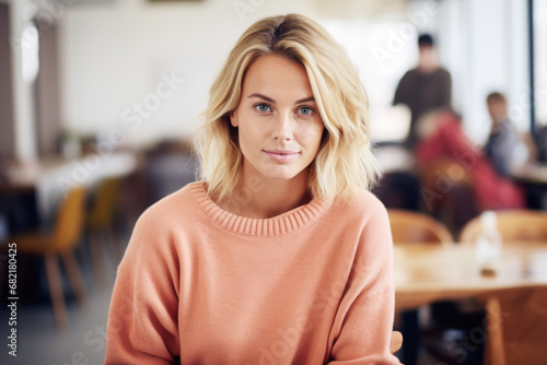Portrait of beautiful happy woman in pink sweater looking at camera in the office, blurred people in background
