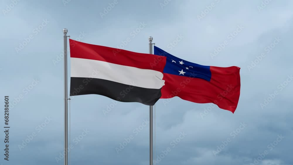 Samoa and Yemen flag waving together on cloudy sky, endless seamless loop, two country cooperation concept Samoa and Yemen flag waving together on cloudy sky, endless seamless loop, two country cooperation concept