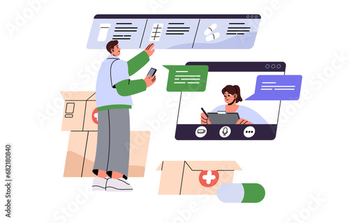 Pharmaceutical online store, medical service. Customer buy pills, drugs by video call. Pharmacist, doctor prescribe remedy to patient in internet. Flat isolated vector illustration on white background © Paper Trident
