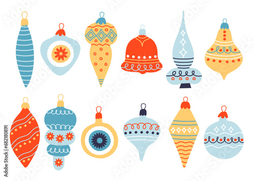Collection of hand drawn vintage baubles for christmas tree. Set of colored christmas toys with ornaments. Flat vector illustration.