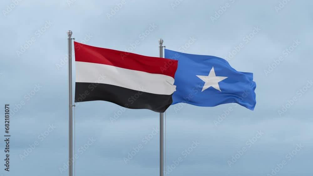 Somalia and Yemen flag waving together on cloudy sky, endless seamless loop, two country cooperation concept Somalia and Yemen flag waving together on cloudy sky, endless seamless loop, two country cooperation concept