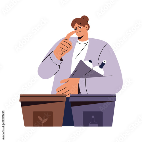 People sorting garbage, separate trash, throw rubbish. Woman with plastic bottles thinking about segregating waste. Sustainable life: recycle, refuse, reuse. Flat isolated vector illustration on white