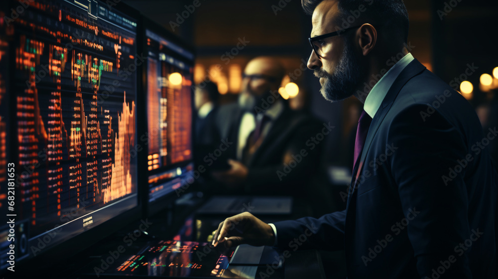 A broker stands in front of a chart and analyzes the price movements - obrazy, fototapety, plakaty 