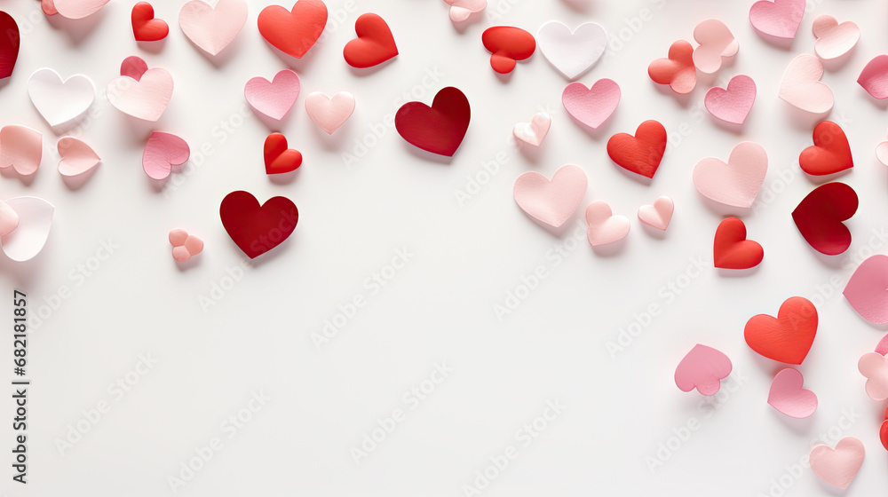 Valentine Day composition with a few tiny hearts, and Valentine elements on white background, copy space for text,valentines background with hearts, top view