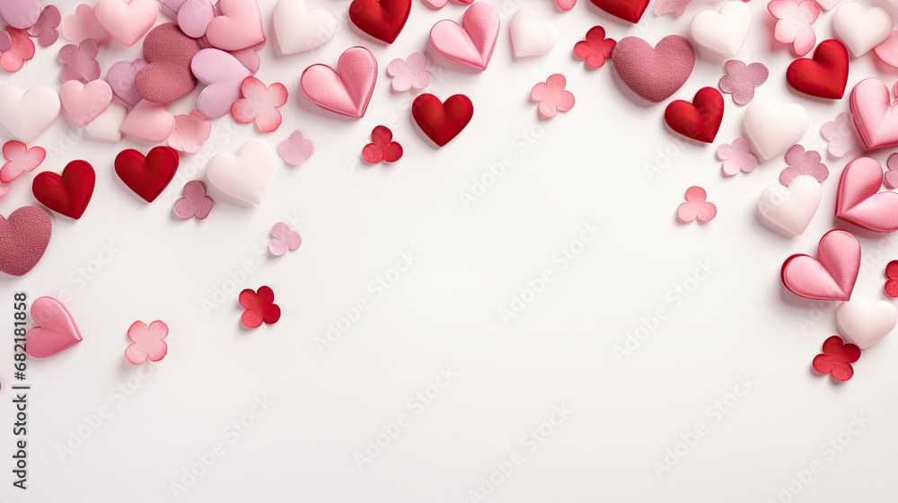 Valentine Day composition with a few tiny hearts, and Valentine elements on white background, copy space for text,valentines background with hearts, top view