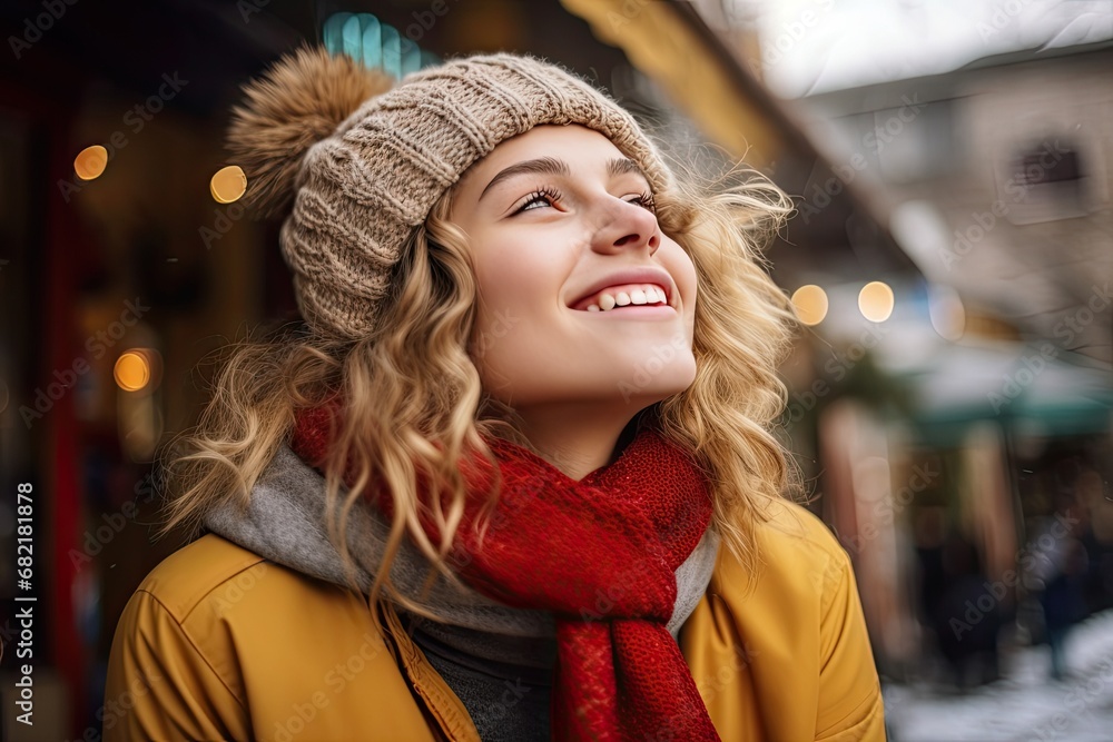 Happy and stylish young woman in winter outfit smiling cheerfully on the street. Happy and stylish young woman in winter outfit smiling cheerfully on the street.