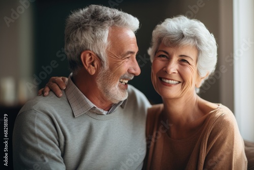 An elderly couple hugs happily, demonstrating love, togetherness and the beauty of lasting camaraderie.