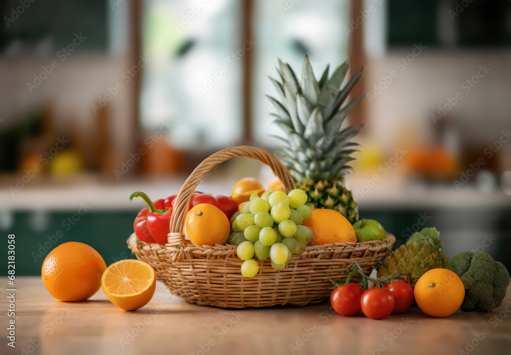 Fototapeta premium Basket of fresh fruits and vegetables on wooden kitchen table. Healthy eating and nutrition with seasonal fruits and vegetables concept.