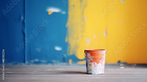 a bucket of paint on the background of a blurred wall photo