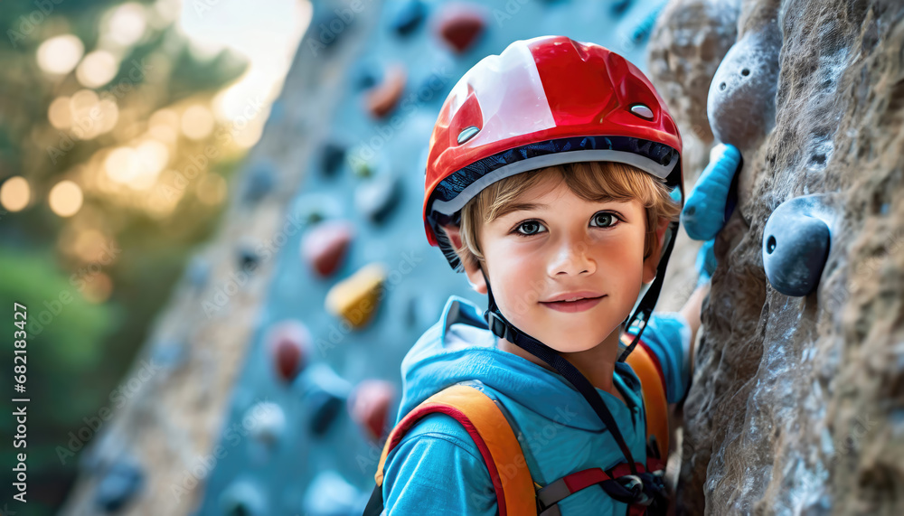 Cute little Caucasian boy wearing a red helmet on a rock climbing wall. Cute little Caucasian boy wearing a red helmet on a rock climbing wall.