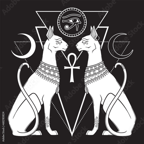 Bastet or Bast ancient Egyptian goddess sphynx cat in gothic style hand drawn vector illustration