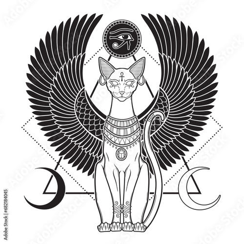 Bastet or Bast ancient Egyptian goddess sphynx cat in gothic style hand drawn vector illustration