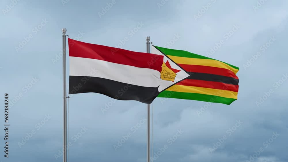 Zimbabwe and Yemen flag waving together on cloudy sky, endless seamless loop, two country cooperation concept Zimbabwe and Yemen flag waving together on cloudy sky, endless seamless loop, two country cooperation concept