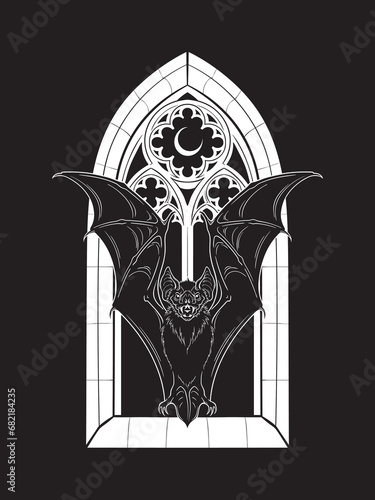 Vampire bat in front of the gothic cathedral window with crescent moon. Witch familiar spirit, halloween or pagan witchcraft theme print design vector illustration.