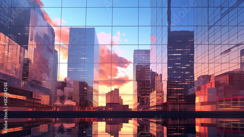 Reflective skyscrapers business office buildings in the morning