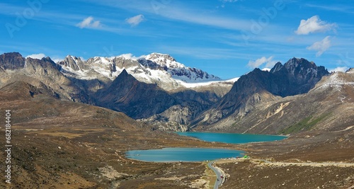 Stunning landscape featuring majestic mountains and a tranquil lake in the Tibetan Plateau