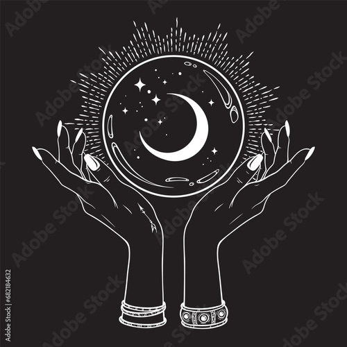 Magic crystal ball with crescent moon and stars in hands of fortune teller line art and dot work. Boho chic tattoo, poster or altar veil print design vector illustration