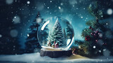 Christmas glass ball. Crystal ball with water and Christmas scene. Crystal ball with snow, houses, trees, stars, christmas balls...