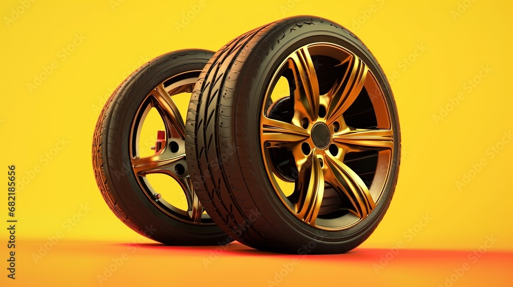Car wheel. Disk with tyre and brakes on yellow background. 3d il