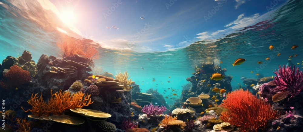 In Bali, amidst the tropical paradise, the breathtakingly beautiful underwater world unfolds, showcasing the vibrant, colorful sea life amongst the majestic coral reefs, as the lens captures the - obrazy, fototapety, plakaty 