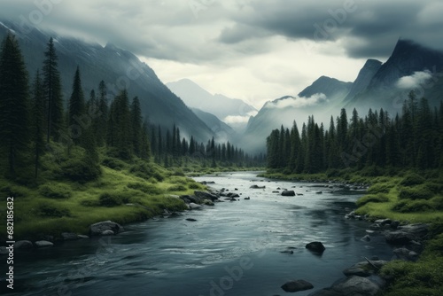 A Serene River Flowing Through a Vibrant, Enchanting Forest