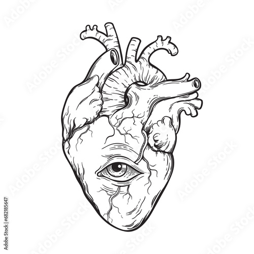 Anatomically correct human heart with eye hand drawn line art flash tattoo or print design vector illustration. photo