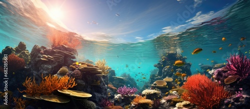 In Bali, amidst the tropical paradise, the breathtakingly beautiful underwater world unfolds, showcasing the vibrant, colorful sea life amongst the majestic coral reefs, as the lens captures the
