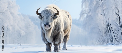 In the European park, amidst the winter snow and frost-covered trees, a majestic white bison traversed the forest, its hair blending with the pristine landscape. As a magnificent mammal of the photo