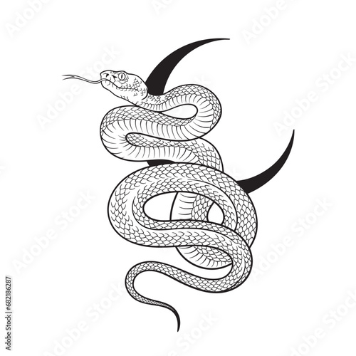 Serpent over the crescent moon line art and dot work. Boho chic tattoo, poster, tapestry or altar veil print design vector illustration
