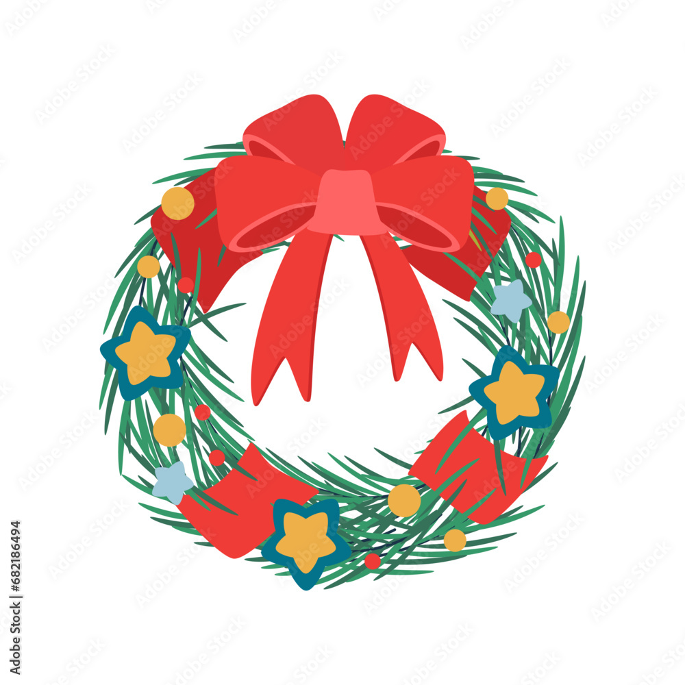 Obraz premium Christmas wreath with mistletoe berries and ribbon, bow. Winter holiday element.